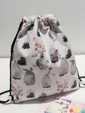 NWT Drawstring Backpack Tote Bag Cottagecore Print Airstream Flower Cow House